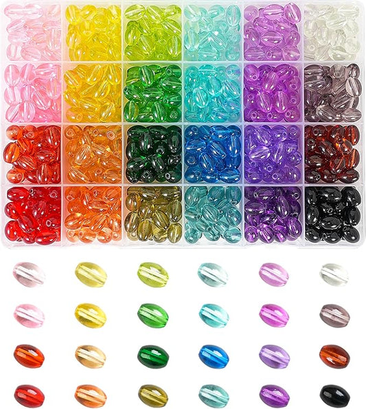 REVKI 8 * 10mm Glass Beads Bracelet Making Kit,500pcs 24 Colors Rice Shaped Natural Bamboo Crystal Beads for Jewelry Making,Teardrop Glass Beads for DIY Necklace Crafts