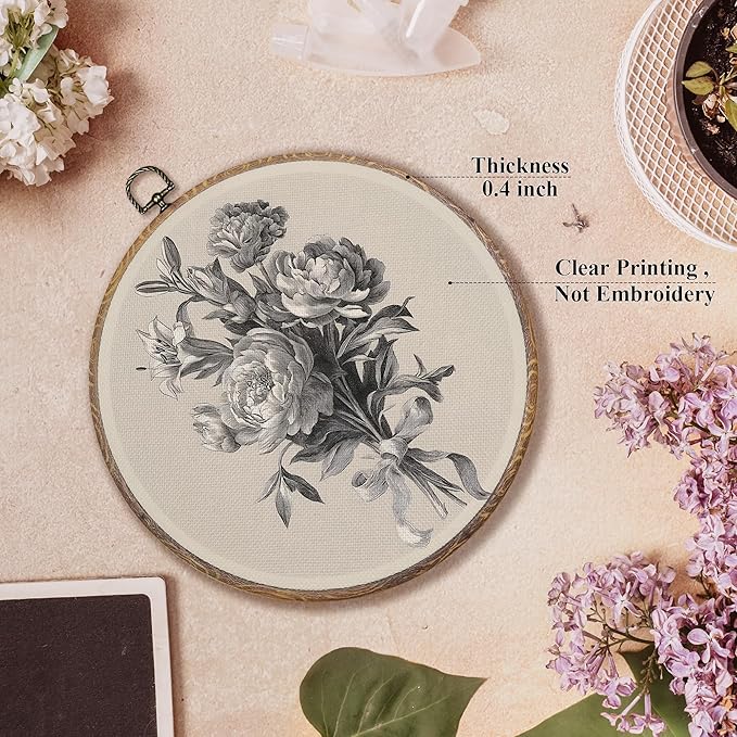 FUGWN Vintage Floral Botanical Round Wall Art Decor Framed, Cottagecore Peony Lily Carnations Flower Canvas Artwork Prints, Retro Floral Wall Hanging Decorations for Home Bedroom Room, 10x10 Inch