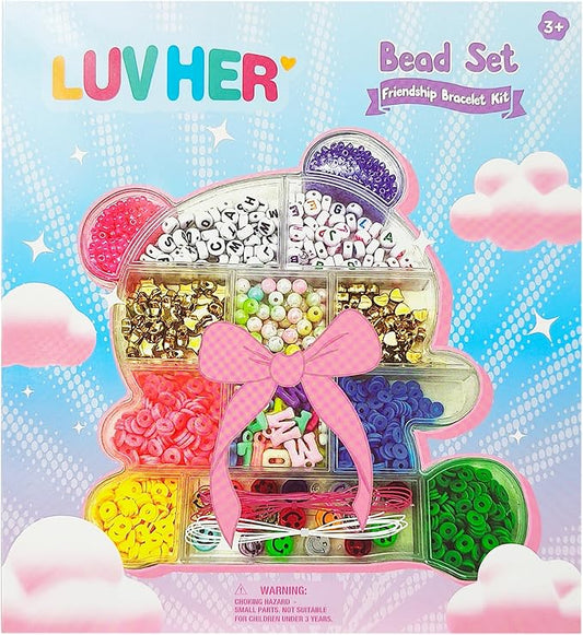LUV HER Beading Kits - Necklace Making Kit & DIY Friendship Bracelet Kit for Girls - Includes 60x 6mm Verbiage, 8mm Pearl Beads & More - Jewelry Making Craft Kit for Kids Ages 6+ - 5.88'' x 4.78