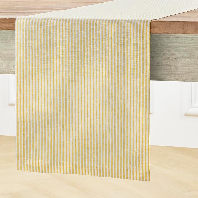 Solino Home Linen Table Runner 36 Inches - Narrow Stripe 100% Pure Linen Spicy Mustard and White Table Runner 14 x 36 Inch Ideal for Dresser and Coffee Tables, Spring, Easter