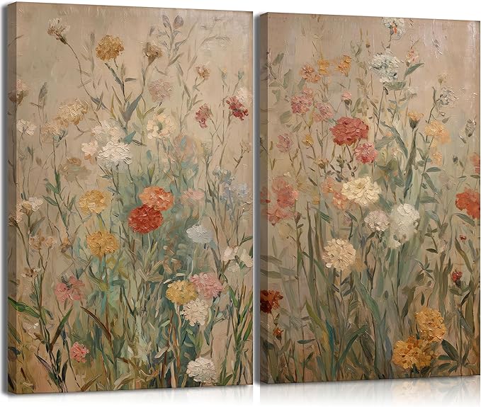 Wildflower Canvas Wall Art Rustic Farmhouse Floral Poster Prints Vintage Botanical Flower Picture Painting Artwork Wall Decor for Living Room Bedroom Office 16x24in Framed