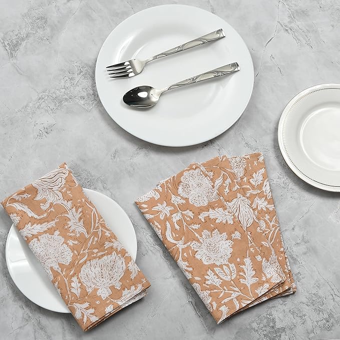 CPC Cloth Napkins 100% Cotton Set of 4 Reusable Napkins, Indian Block Print Toile Floral Dinner Napkin, Fall Thanksgiving Christmas Holiday Party Gift - Soft Absorbent Napkin, 18"x18" Light Peach