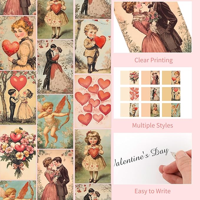 Vintage Valentines Day Cards, 36 Pcs Retro Valentine Postcards for Her Him with Envelopes and Stickers, Classic Romantic Greeting Cards for girlsfriend menfriend Wife Husband Gift Exchange