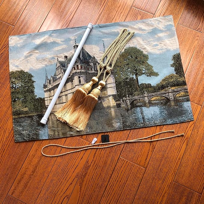 Vintage Nature Tapestry Wall Hanging Set with Telescopic Rod & Tassels - Jacquard Woven Fabric Aesthetic Country Landscape Wall Tapestry for Bedroom/Living Room Decor Green Art (42"x27") (Soft - toned, historic castle by the water)