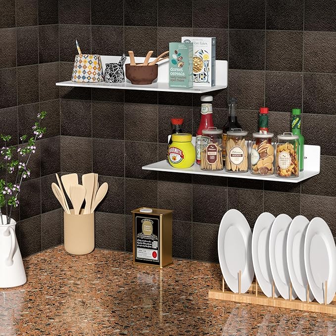 2 Pack White Acrylic Floating Shelves 15 Inches, Wall Hanging Bathroom Shelves, Wall Storage Shelf for Kitchen, Dining Room, Living Room, Bedroom, Bathroom, Retail, Supermarket