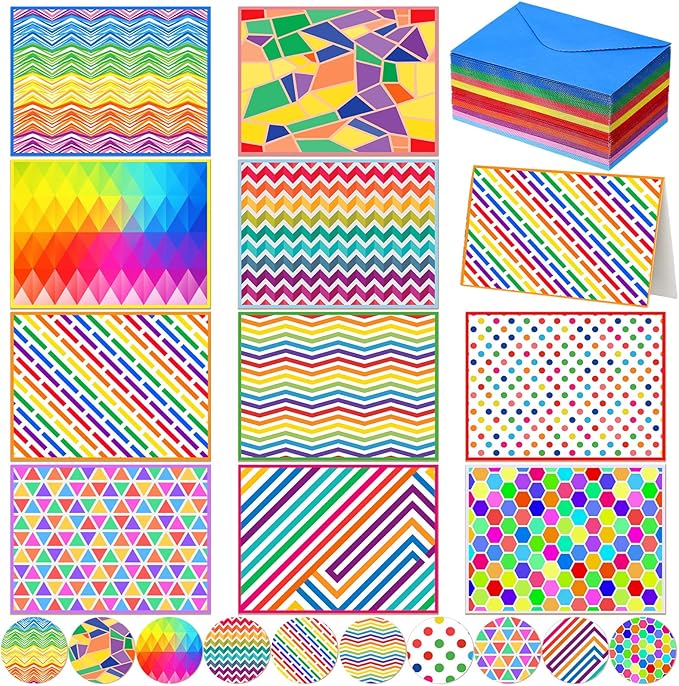 100 Pcs Blank Cards with Envelopes 4x6, Bright Patterns Blank Greeting Cards, 10 Designs, Ideal Stationary Set for All Occasions, Stationary with Matching Colored Envelopes and Stickers