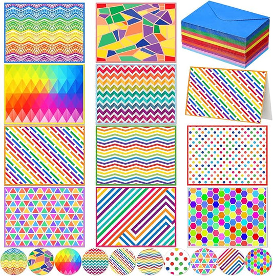 100 Pcs Blank Cards with Envelopes 4x6, Bright Patterns Blank Greeting Cards, 10 Designs, Ideal Stationary Set for All Occasions, Stationary with Matching Colored Envelopes and Stickers