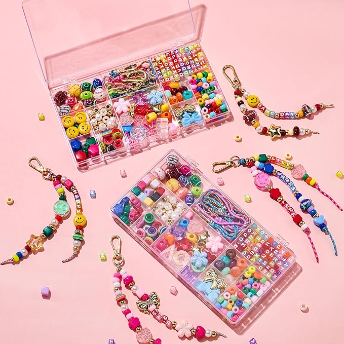 HolidayQbee DIY Bead Keychain Making Kit Beads-304 PCS Beaded Bag Charm Making Kit Rugby Football Letter Alphabet Name Beads Key Chain Making Kit Jewelry Supplies for Kid Girl Christmas Gifts
