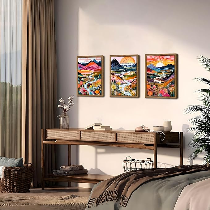 Wood Frame Boho Colorful Wall Art, Set of 3 Abstract Watercolor Mountain Landscape Wall Decor Paintings, Modern Flower Aesthetic Posters Prints for Living Room Bathroom Bedroom 16x24In Framed