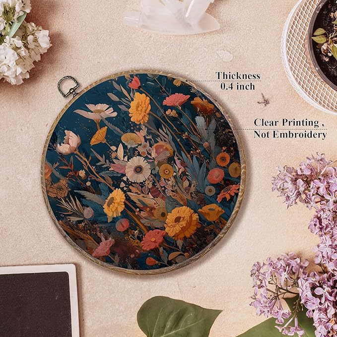 FUGWN Vintage Floral Round Wall Art Decor Framed, Cottagecore Floral Botanical Canvas Artwork Prints, Boho Colorful Wildflowers Wall Hanging Decorations for Home Bedroom Living Room, 10x10 Inch