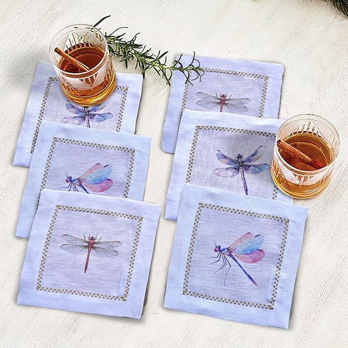 Cocktail Napkins Set of 6, 6x6 inch, 100% Linen, Printed Animal Pattern, Reusable & Washable Cloth Coasters for Beverages, Hosting, Gifting & Everyday Use (Dragonfly)