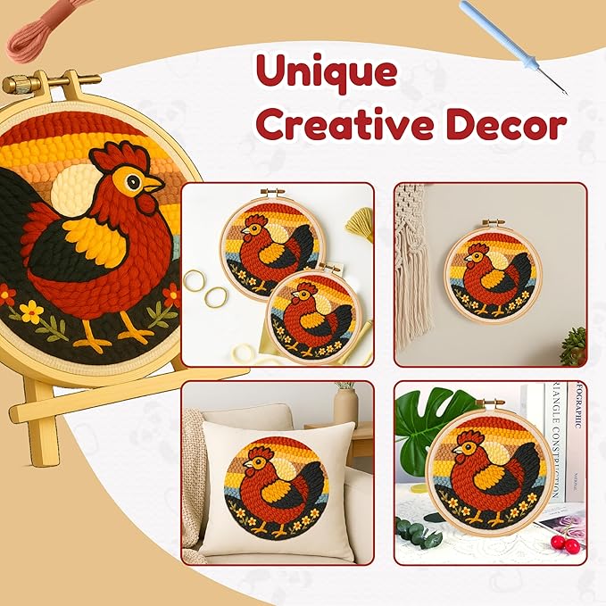 TEKWAVE Punch Needle Kit for Adults Beginners Rooster Sunrise Design, Step-by-Step Video Pre-Printed Pattern and Written Instructions, DIY Embroidery Set with Yarn, Fabric, Hoop for Home Decor Crafts