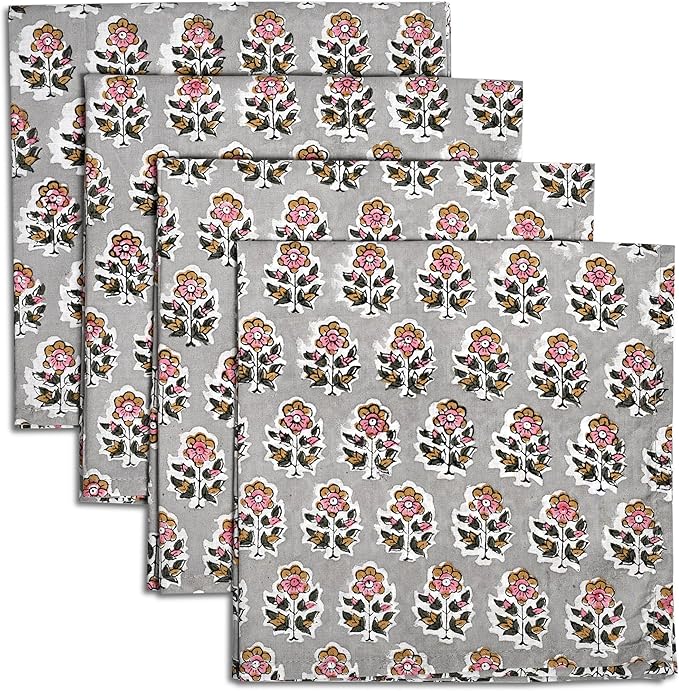 CPC Cloth Napkins 100% Cotton Set of 4 Reusable Napkins, Indian Block Print Toile Floral Dinner Napkin, Fall Thanksgiving Christmas Holiday Party Gift - Soft Absorbent Napkin, 18"x18" Labra Gray