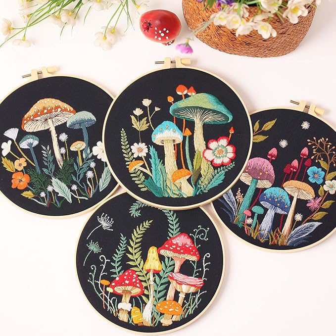 REEWISLY 4pcs of Embroidery Starter kit with Patterns and Instructions, DIY Adult Beginner Cross Stitch Kits, Including 2 Plastic Embroidery Rings, 1 Pair of Scissors, Colored Threads and Needles