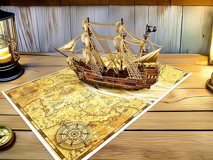 3D Pop Up Greeting Card – Handmade Pirate Ship Card with Treasure Map – Sailing Boat with Skull Flag – Birthday, Adventure Party, Nautical & Retirement Gift