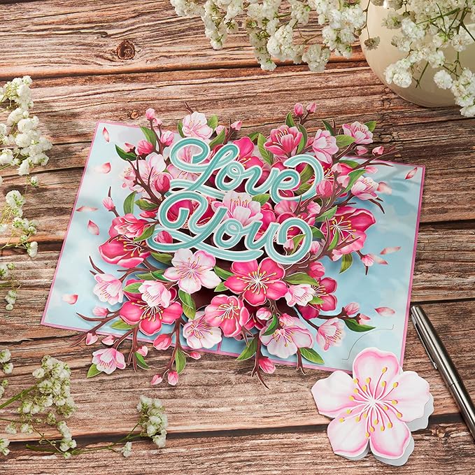Floral Cherry Pop Up Cards, Love You, 3D Greeting Cards, Ideal Gifts for Birthday, Mothers Day, Valentines Day, Mom, Wife, Her, Girlfriend, Daughter, 5x7 - Includes Envelope And Message Note