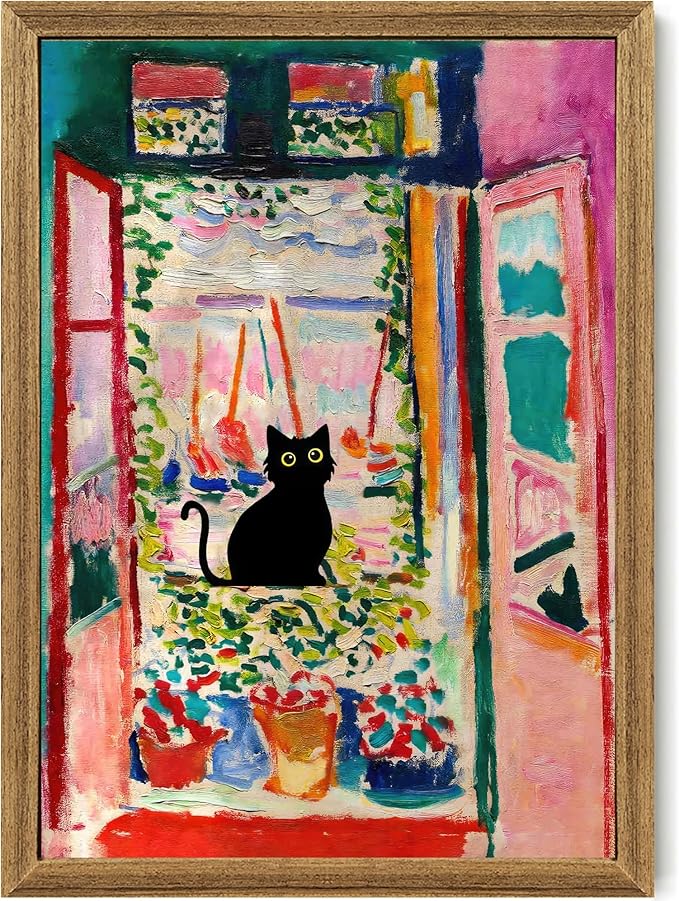 Fantasy Artists Henri Matisse Cat Wall Art, Framed Open Window Black Cat Canvas Poster Prints, Abstract Aesthetic Wall Decors for Living Room, Oil Paintings for Room Bathroom Decorations 16" X 24"