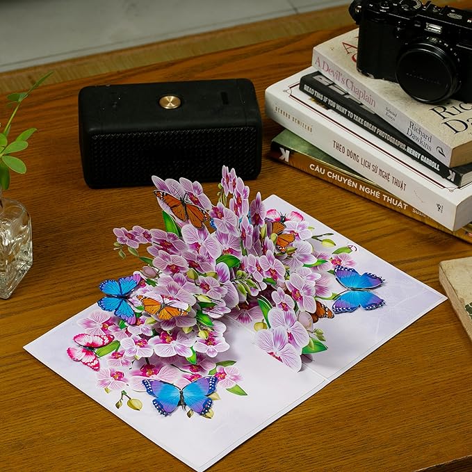 Greeting Card Purple Orchid with Butterflies 3D Pop-Up Cards Handmade Birthday Flower Gift for Women, Mom, Wife, Men 6x8 Inches Aniversary Wedding Christmas Gifts Floral