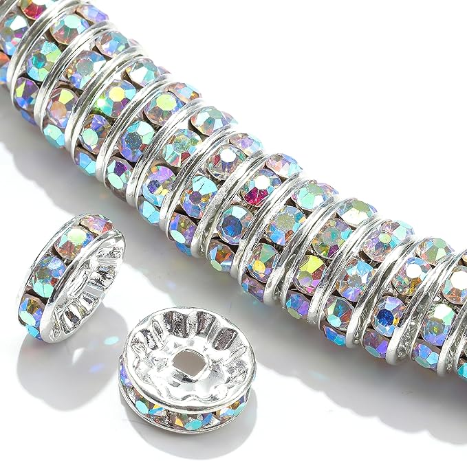 100Pcs Rondelle Spacer Beads Round Crystal Charms Czech Rhinestone Silver Plated Spacer Loose Beads for DIY Bracelet Necklace Jewelry Making Supplies (4MM, AB Crystal)