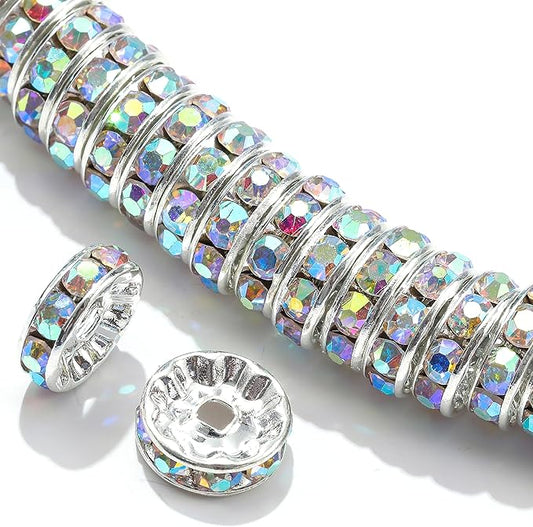 100Pcs Rondelle Spacer Beads Round Crystal Charms Czech Rhinestone Silver Plated Spacer Loose Beads for DIY Bracelet Necklace Jewelry Making Supplies (10MM, AB Crystal)
