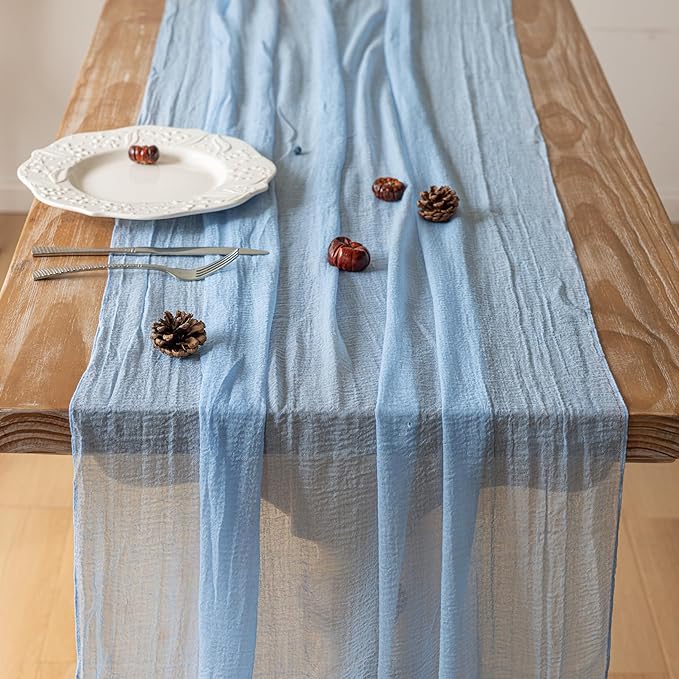 Keketoarrange Easter Table Runner Light Blue Cheesecloth Gauze Rustic Cheese Cloth Table Runner 120 Inch 10 FT for Wedding Baby Shower Bridal Shower Birthday Party Sheer Spring Home Boho Decorations