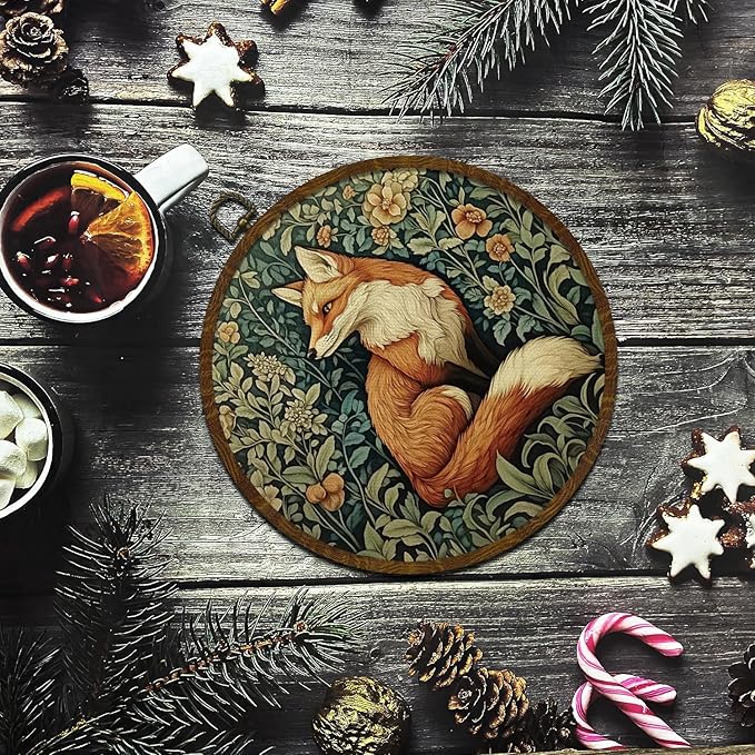 KLYTINK William Morris Inspired Vintage Fox Wall Art,Round Canvas Frame,Retro Animal Design Hanging Round Wall Decor for Bedroom Living Room,or Office 10x10inch (Fox)
