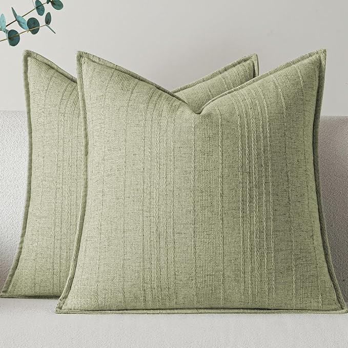 a moment Linen Pillow Covers Set of 2,Boho Farmhouse Throw Pillowcases Neutral Textured Decorative Covers for Couch Sofa,Linen Blend Accent Case Cushion Living Room Home Decor 24"x24"Seeding Green