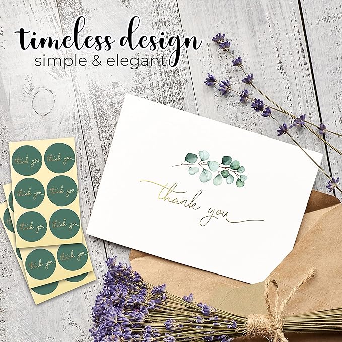 100 Heavyweight Blank Thank You Cards with Envelopes for a Personal Touch, Eucalyptus Thank You Card for Any Occasion, Wedding, Bulk Pack Card with Envelopes & Stickers (3.7 x 5.1 Inches) (100 Pack)