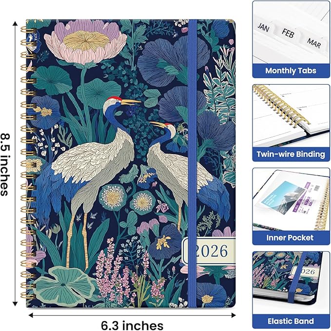 2026 Planner, Weekly and Monthly Calendar Planner for Women, Jan 2026 - Dec 2026, Hardcover Planning Agenda book with Tabs, Spiral Bound, Inner Pocket, Perfect for School Office Supplies, 6.3" x 8.5" - Midnight Cranes