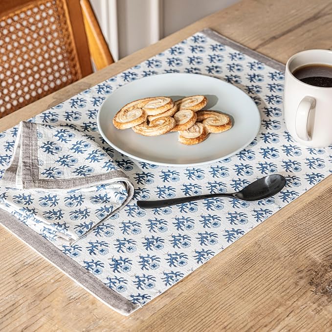 Over&Back Set of 4 Hand-Blocked Placemats - Colorful Dining Table Mat - Each Placemat is Unique - 100% Cotton - Machine Washable - Kitchen and Home Decor - Blue Blossom