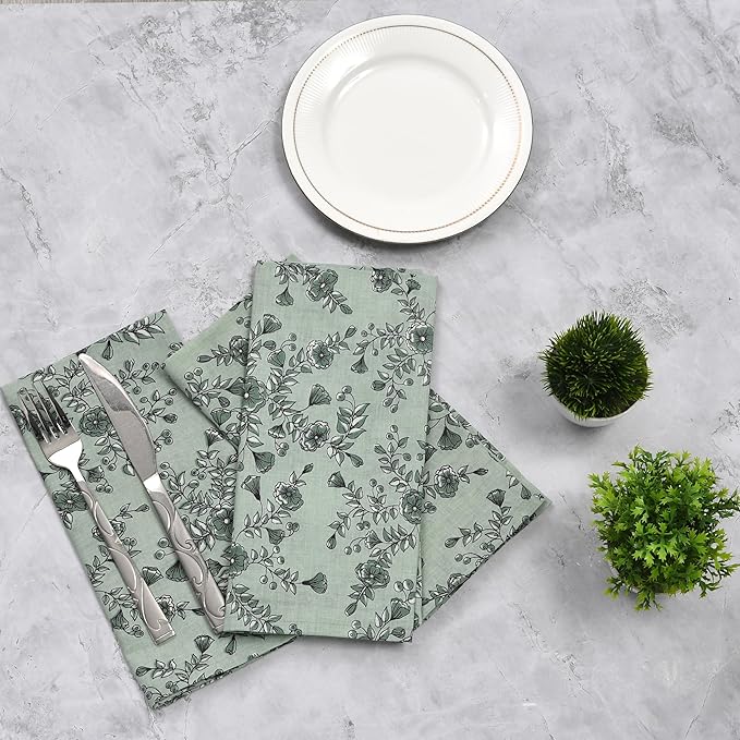 CPC Cloth Napkins 100% Cotton Set of 4 Reusable Napkins, Indian Block Print Toile Floral Dinner Napkin, Fall Thanksgiving Christmas Holiday Party Gift - Soft Absorbent Napkin, 18"x18" Laurel Green