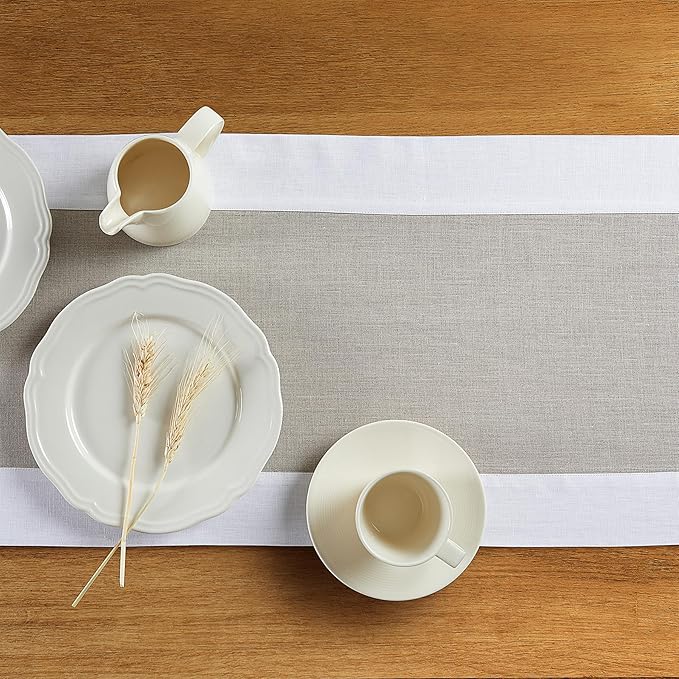 Solino Home Linen Table Runner 108 Inches Long - White and Natural 100% Pure Linen 14 x 108 Inch Table Runner for Dining, Spring, Winter - Contempo