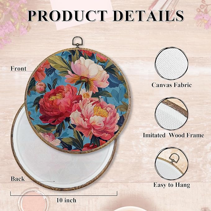 FUGWN Retro Peony Floral Round Wall Art Decor Framed, Cottagecore Floral Canvas Artwork Prints, Rustic Botanical Flower Wall Hanging Decorations for Home Bedroom Living Room, 10x10 Inch