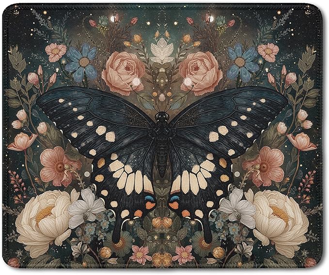 Vintage Moody Floral Butterfly Mouse Pad, Dark Academia Cottagecore Botanical Moth Mousepad for Home Office Dorm Computers Laptop,Aesthetic Gothic Office Supplies Desk Accessories, 9.5x7.9 Inch