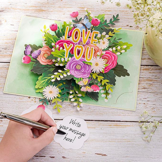 Colorful Floral Roses Pop Up Card, Love You, Flowers, Butterfly, 3D Greeting Cards, Ideal Gifts for Birthday, Mothers Day, Anniversary, Valentines Day, 5x7 - Includes Envelope And Message Note