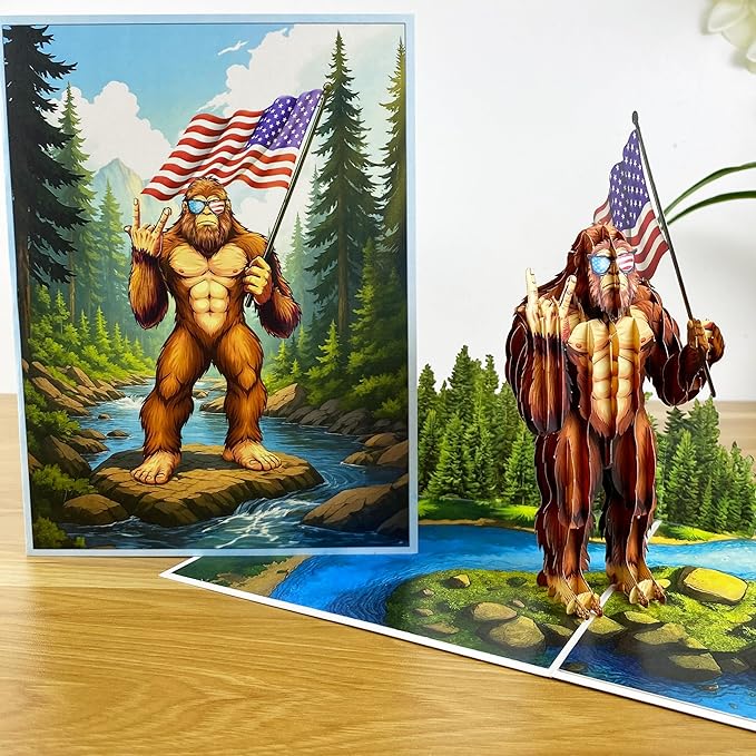 3D Pop Up Greeting Card – Funny Bigfoot Sasquatch Card with American Flag – Hilarious Birthday, Father’s Day, Retirement, or Gag Gift – Unique Handmade Novelty Card with Envelope