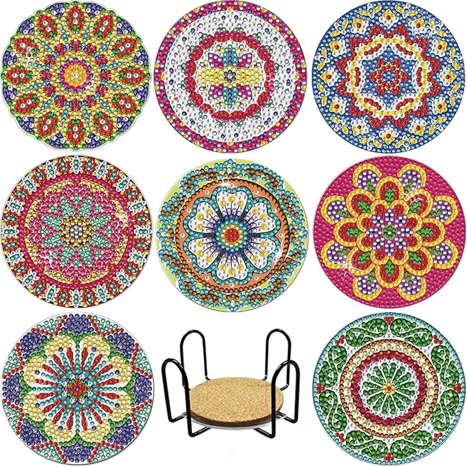 AzsVbvs 8 Pieces Diamond Painting Coasters Kit with Holder, Diamond Art Coasters, DIY Art Crafts Projects, Diamond Dot Kits for Adults and Beginners (Mandala)