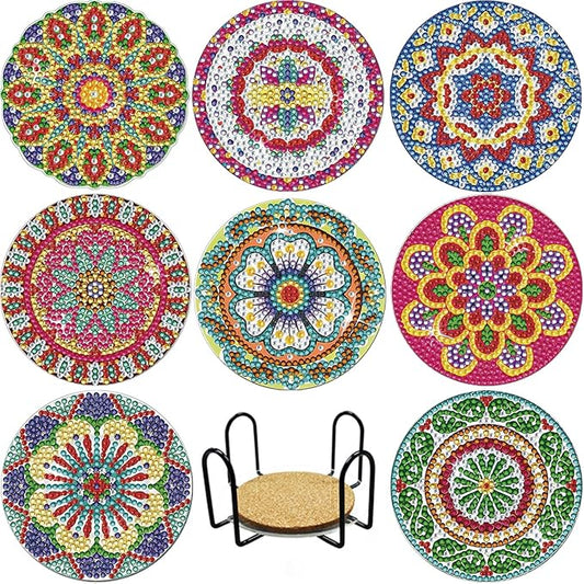 AzsVbvs 8 Pieces Diamond Painting Coasters Kit with Holder, Diamond Art Coasters, DIY Art Crafts Projects, Diamond Dot Kits for Adults and Beginners (Mandala)