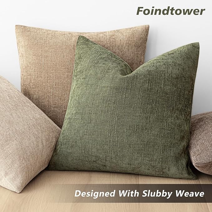 Foindtower Pack of 2 Textured Chenille Throw Decorative Pillow Covers Square Accent Solid Cushion Cover Neutral Farmhouse Lumbar Pillow Case for Couch Sofa Bedroom Living Room 12x20 Inch,Dark Green
