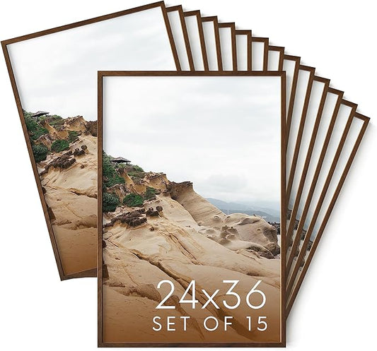Haus and Hues 24x36 Walnut Oak Wood Picture Frames Set of 15 - Premium Bulk Picture Frames 24x36 Bundle - Elegant Gallery Wall Frame Set for Posters, Art Display - Ideal for Wall Decor in Home &