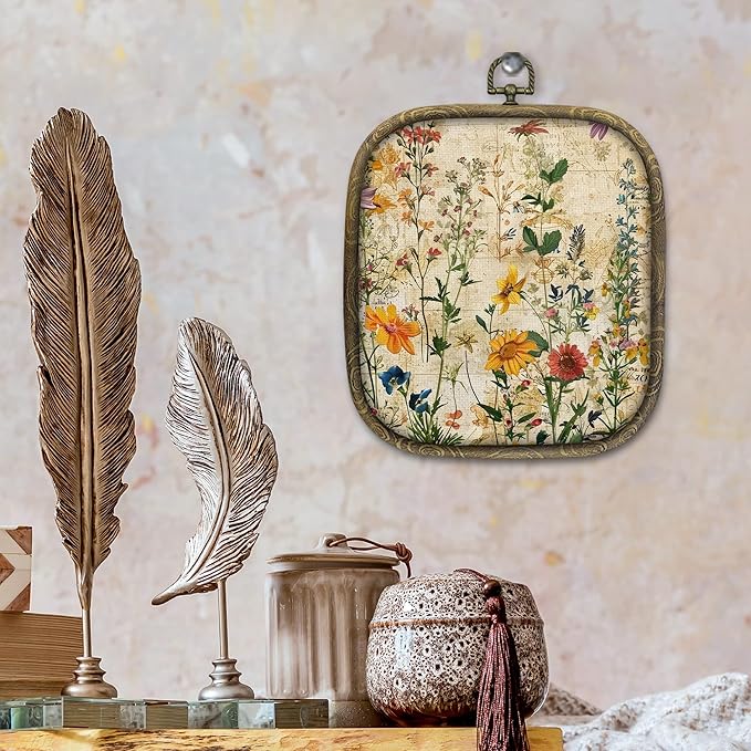KSDUT Boho Flower Floral Wall Decor Art - Botanical Neutral Wall Art Canvas Frame Hanging Prints, Vintage Landscape Wildflower Square Wall Art Decor for Home Decorations 6.5"x5.7"