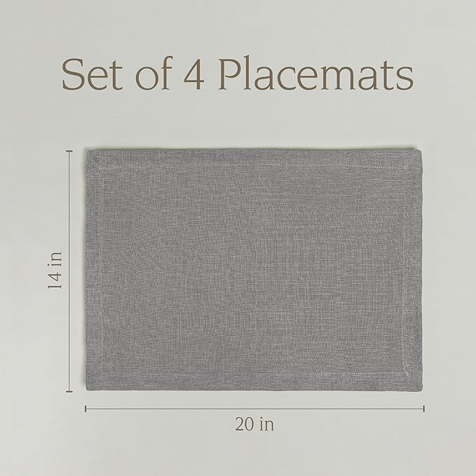 Over&Back Set of 4 Washed 100%-Linen Woven Placemats - Colorful Dining Table Mat - Machine Washable - Kitchen and Home Decor - Grey