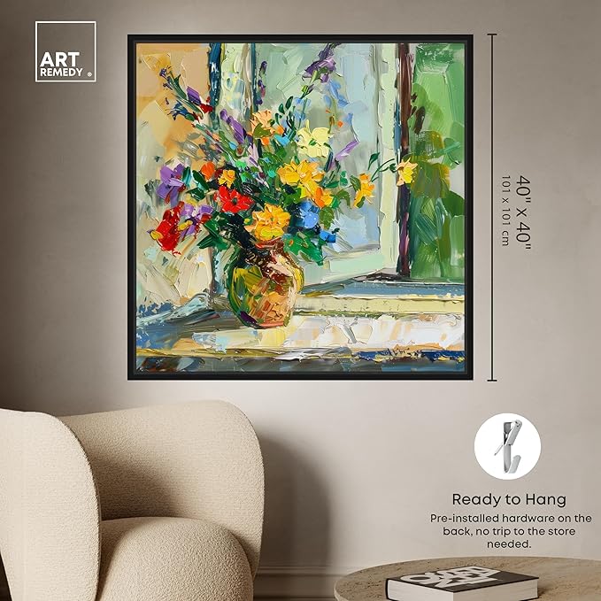 Art Remedy Vase By The Window Framed Impressionism 1 Piece Canvas Wall Art/Monet And Van Gogh Inspired Art, 41" x 41", Black Frame