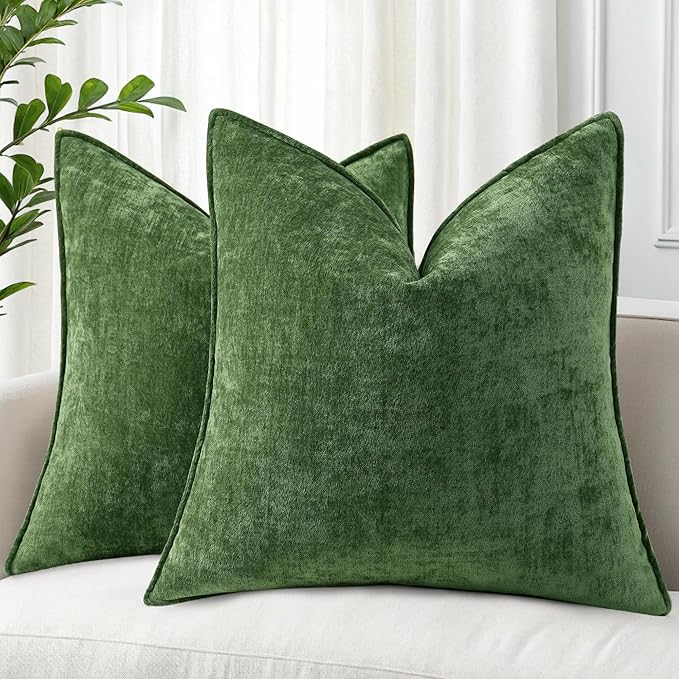 decorUhome Spring Couch Throw Pillow Covers 18x18 Set of 2, Decorative Soft Velvet Neutral Chenille Pillow Covers with Elegant Design for Sofa Bed Living Room Home Decor, Moss Green