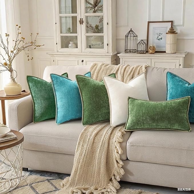 decorUhome Spring Chenille Soft Throw Pillow Covers 24x24 Set of 2, Farmhouse Velvet Neutral Decorative Euro Sham Pillow Covers with Stitched Edge for Couch Sofa Bed Home Decor, Forest Elf