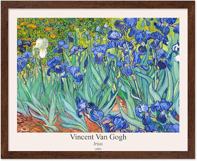 Monem Art Vintage Van Gogh Poster - Retro Irises Print - Impressionism Art - Floral Art - Fine Art - Flower Art - Classic Painting Art - Aesthetic Living Room Wall Decor - 8x10 Brown Framed