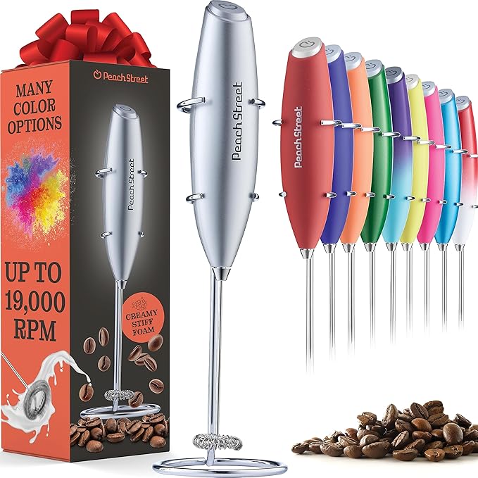 Powerful Handheld Milk Frother, Mini Milk Foamer, Battery Operated (Not included) Stainless Steel Drink Mixer with Frother Stand for Coffee, Lattes, Cappuccino, Frappe, Matcha, Hot Chocolate.
