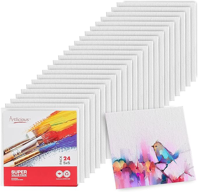 Artlicious Canvases for Painting - Pack of 24, 5 x 5 Inch Blank White Canvas Boards - 100% Cotton Art Panels for Oil, Acrylic & Watercolor Paint