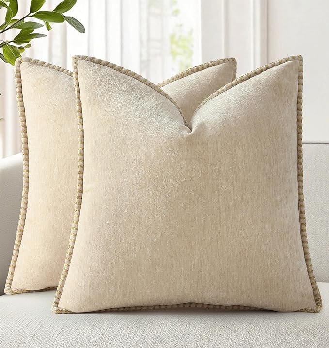 decorUhome Spring Chenille Soft Throw Pillow Covers 16x16 Set of 2, Farmhouse Velvet Neutral Decorative Pillow Covers with Stitched Edge for Couch Sofa Bed Home Decor, Beige