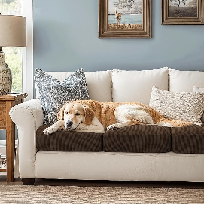 CHUN YI Small Couch Cushion Cover Stretch, Sofa Seat Slipcovers for Pets, Suitable for Armchair Loveseat Sofa with Spandex Jacquard Washable Fabric(Small,Chocolate)